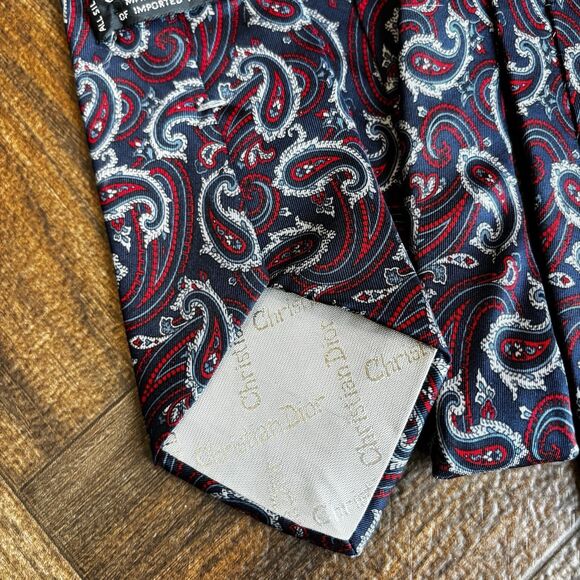 Christian Dior Men's 100% Silk Blue Red Paisley Print Tie Necktie - Picture 6 of 6
